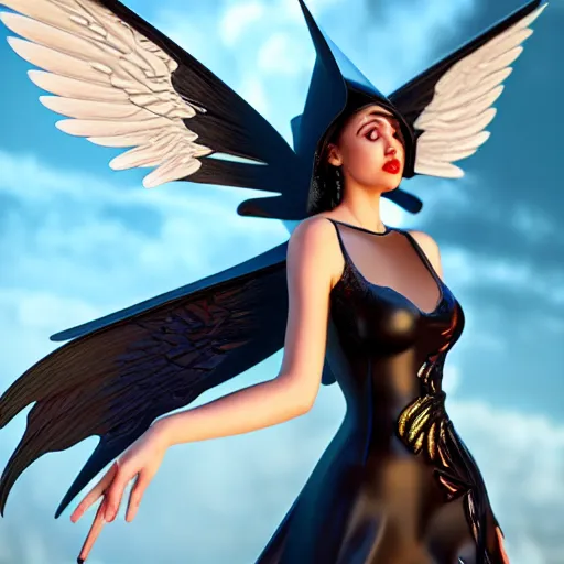 Image similar to fantasy angel with wings inspired avant - garde art, deco fashion, highly detailed, photorealistic portrait, bright studio setting, studio lighting, crisp quality and light reflections, unreal engine 5 quality render