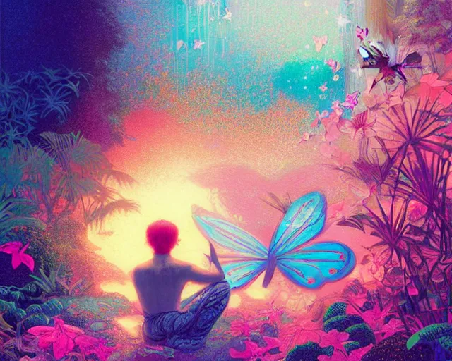 Prompt: harmony of neon tiny butterfly stars, mute, coherent, fairies, black haired yoongi meditating, tropical oasis, by wlop, james jean, victo ngai, rainbow overlay! beautifully lit, muted colors, highly detailed, fantasy art by craig mullins, thomas kinkade