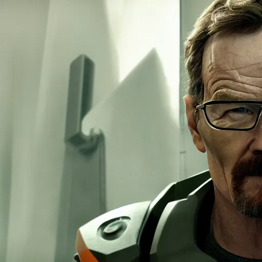 Prompt: Bryan Cranston as Gordon Freeman, film still from Half-Life movie, detailed, 4k