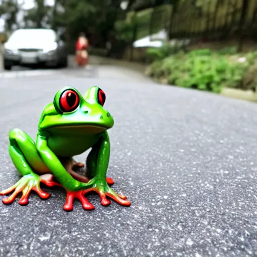 Image similar to cute frog running late for school, in the style of evangelion, cute