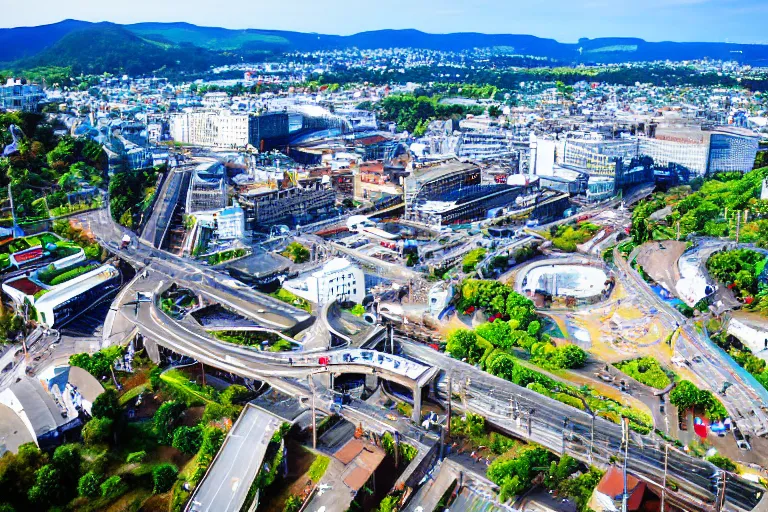 Image similar to bird's eye view photography of a small city. town hall, central farm, monorail station, beach and harbor. hills, woods and lake to the north.