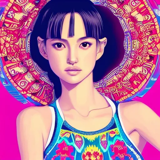 Image similar to a beautiful young japanese natalie portman alluring gravure model, wearing elaborate designer tank top, tank top with mesoamerican patterns, by akira toriyama and wlop and ilya kuvshinov and artgerm and, aesthetic, gorgeous, stunning, alluring, attractive, artstation, deviantart, pinterest, digital art