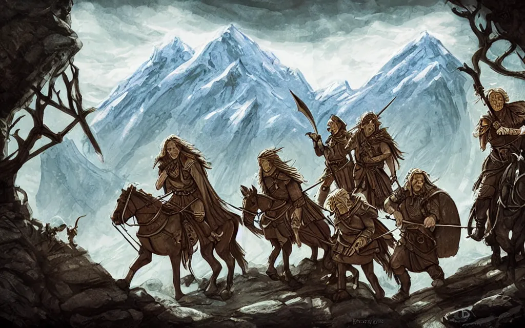 Prompt: DnD party adventuring across vast rugged mountain range, LOTR fantasy illustration