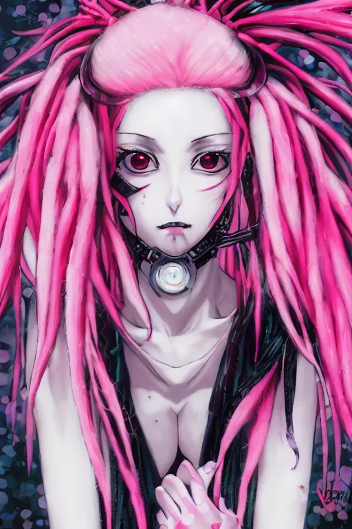 Image similar to portrait of an anime manga cybergoth girl with pink and black floating dreads, straight on portrait, by artgerm, james jean, tom bagshaw, gerald brom, vaporwave colors, lofi colors, vaporwave, lofi, moody vibe, goth vibe, 4 k, hd,