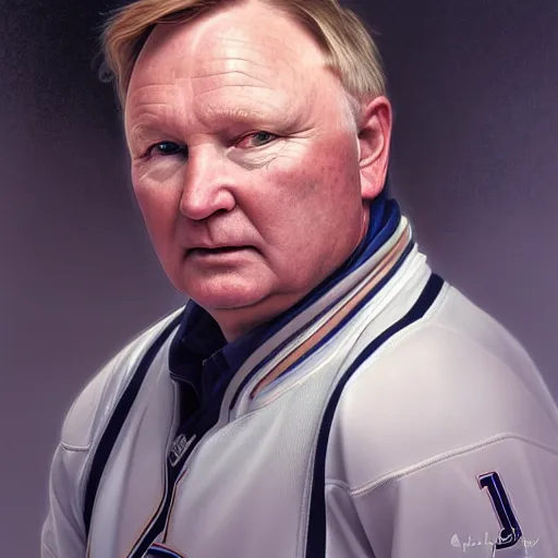 Image similar to beautiful portrait of Randy Carlyle as a hockey coach, fantasy, intricate, elegant, highly detailed, digital painting, artstation, concept art, smooth, sharp focus, luxury fashion illustration, art by artgerm and greg rutkowski and alphonse mucha, brightly lit cinematic soft lighting, photorealistic