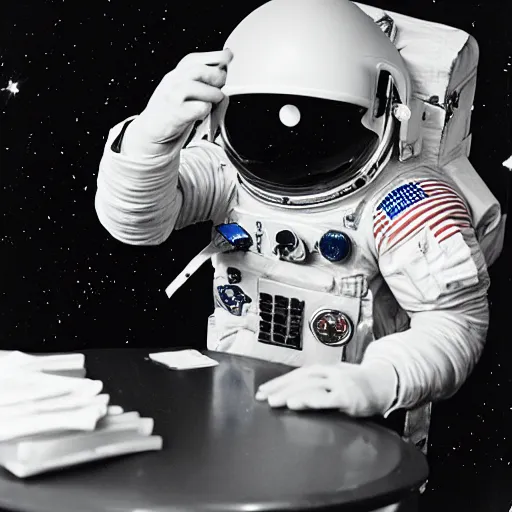 Image similar to an astronaut playing solitaire and winning in an academy, 3 5 mm photograph