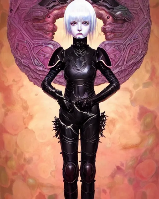 Image similar to portrait of beautiful cute goth girl with short white hairs in warhammer armor, art by ( ( ( kuvshinov ilya ) ) ) and wayne barlowe and gustav klimt and artgerm and wlop