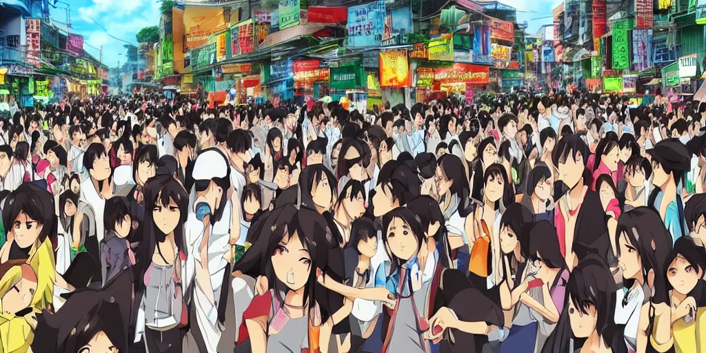 Image similar to streets of vietnam crowded dense urban hot cartoon style anime