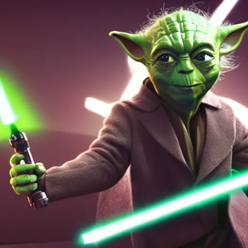 Prompt: elon musk fighting yoda wwith a lightsaber, sharp, detailed face, 8 k, octane render