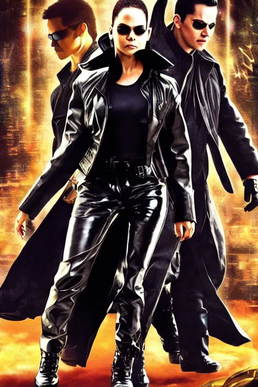 Prompt: a high action movie poster of the new matrix movie featuring janet jackson, wearing sun glasses and black leather trench coat, riding a futuristic motorcycle, matrix symbols in the background, extremely detailed, extremely symmetrical facial features, by kevin fiege 8 k