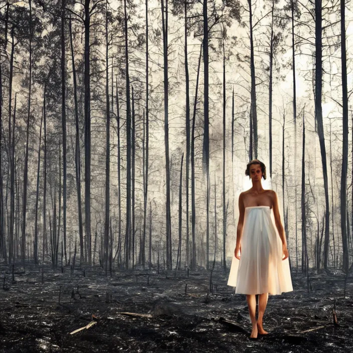 Prompt: a woman with a white standing in a burnt charred forest, golden hour, vogue magazine