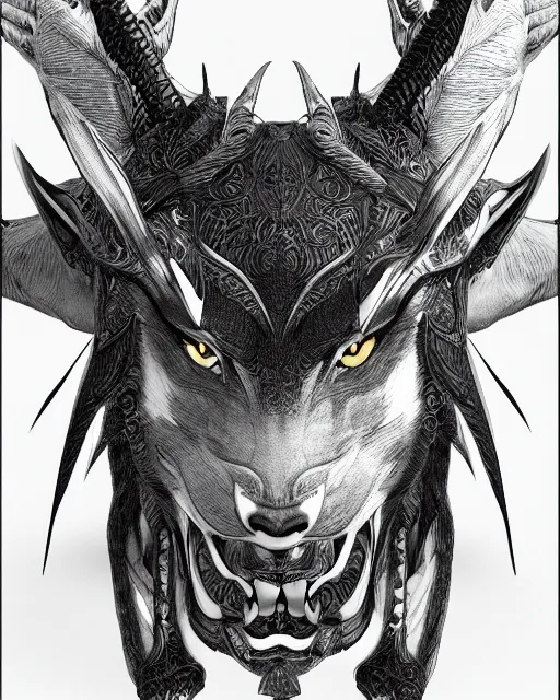 Image similar to A minotaur wolf, black and white, epic, highly detailed face, close-up, fantasy art, dragon art, in the style of masami kurumada, illustration, epic, fantasy, intricate, hyper detailed, artstation, concept art, smooth, sharp focus, ray tracing