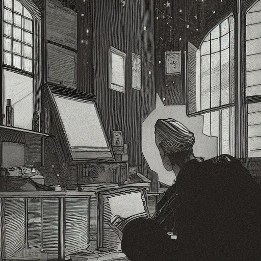 Image similar to a professor looking at stuff, higly detailed, dimm light, night, award - winning illustration, mystic