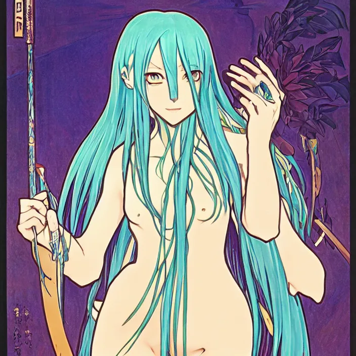 Image similar to portrait of rimuru tempest from that time i got reincarnated as a slime. art by alphonse mucha