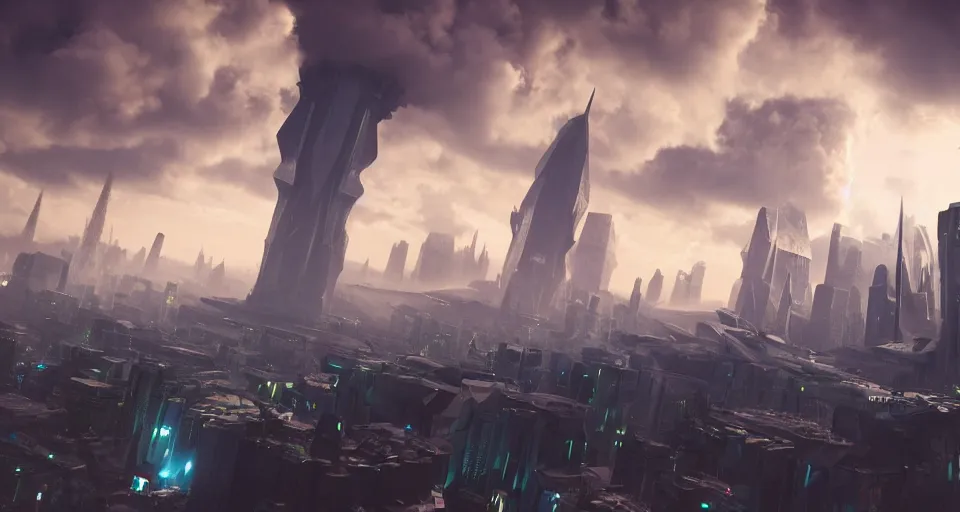 Prompt: a photo of monolithic mech reaching through the dense clouds towering over a crowd of astronauts in a futuristic city, ultra realistic, hyper - detailed, unreal engine, raytraced lighting, colorful accents