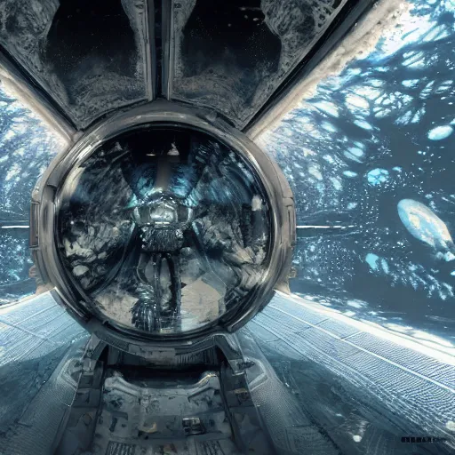 Image similar to concept art by craig mullins astronaut in futuristic dark and empty spaceship underwater. infrared complex and hyperdetailed technical suit. mandelbulb fractal. reflection and dispersion materials. rays and dispersion of light. volumetric light. 5 0 mm, f / 3 2. noise film photo. flash photography. unreal engine 4, octane render. interstellar movie art