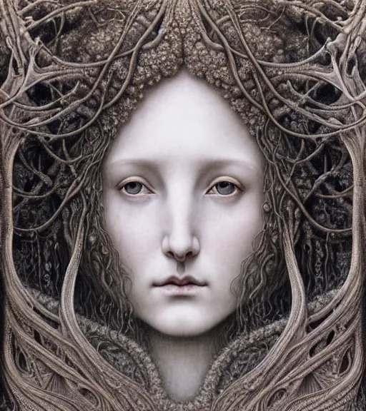 Image similar to detailed realistic beautiful winter goddess face portrait by jean delville, gustave dore, iris van herpen and marco mazzoni, art forms of nature by ernst haeckel, art nouveau, symbolist, visionary, gothic, neo - gothic, pre - raphaelite, fractal lace, intricate alien botanicals, ai biodiversity, surreality, hyperdetailed ultrasharp octane render