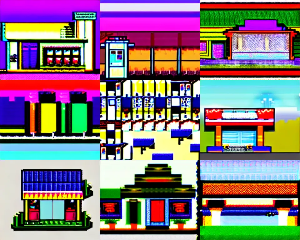 Prompt: Pixel art of a rural gas station at dusk, perfect flat-shaded pixels, in the style of 1981 Video Games, 4bit, CGA, 16 colors, sharp contrast