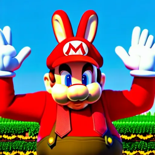 Image similar to real life big chungus dressed like mario, super mario with bunny ears, big chungus, fat bugs bunny, high resolution photo