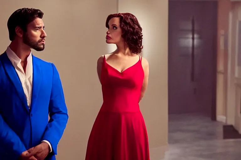 Image similar to full body film still of a man longingly looking at a woman in a red dress as a woman in a blue dress looks dissapointedly at the man in the new romance movie, dramatic angle, dramatic lighting