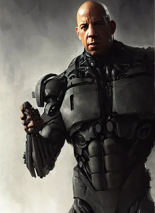 Image similar to vin diesel as victor stone, full body concept, cyborg, borg, strogg, face of a man, terminator, flesh, quake strogg, doom demon, wolfenstein, monstrous, powerful, symmetry, symmetrical, concept art by ruan jia and greg rutkowski