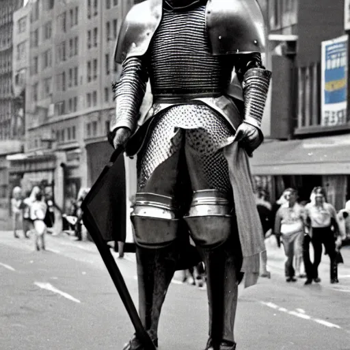 Prompt: Medieval knight in 1979 New York