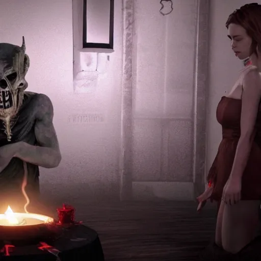 Image similar to demon invitation ceremony, ultra realistic, horror, cinematic, occult