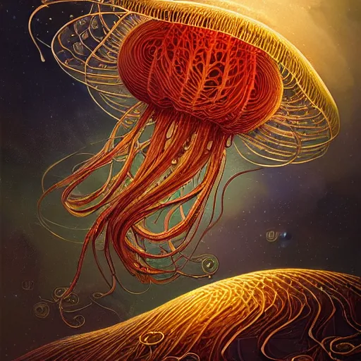 Image similar to a beautiful hyperrealistic ultradetailed comic art of gigantic glowing complex multi-layered intricate jellyfish creatures with long flowing tendrils, by Justin Gerard and Laurie Greasley and Peter Mohrbacher and Dan Mumford, tarot card art, detailed shading, vray octane, redshift. micro details, dramatic lighting, volumetric lighting, 8k