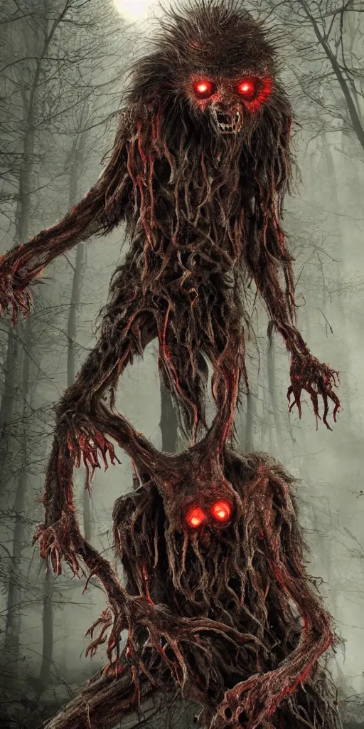 Prompt: photorealistic ultra detailed tall skinny humanoid creature with fur and blood dripping and brain out, the woods, night, extremly detailed, 8 k, realistic, sharp focus, cosmic horror creature, cosmic horror, from the movie the thing, zombie, surreal creature