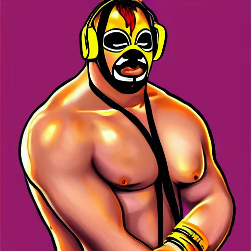 Image similar to portrait of lucha libre dj, muscular, headphones, thick golden ring around the neck, fantasy, intricate, elegant, highly detailed, digital painting, artstation, concept art, smooth, sharp focus, illustration, art by tom of finland