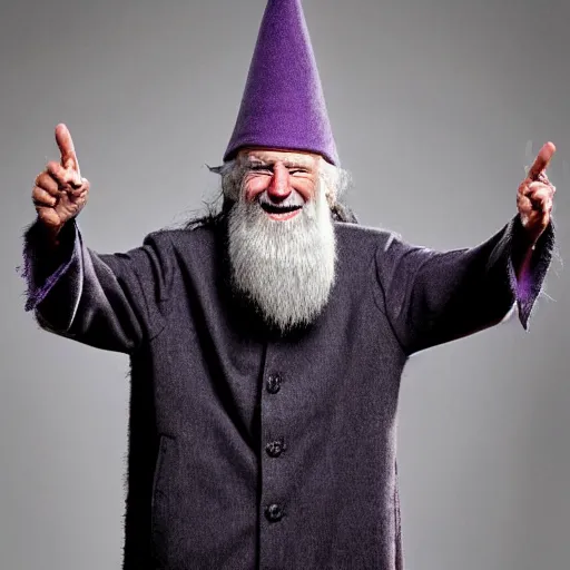 Prompt: joe biden as an old druid wizard, bushy grey eyebrows, long grey beard, disheveled, wise old man, wearing a grey wizard hat, wearing a purple detailed coat, a bushy grey beard, sorcerer, he is a mad old man, laughing and yelling