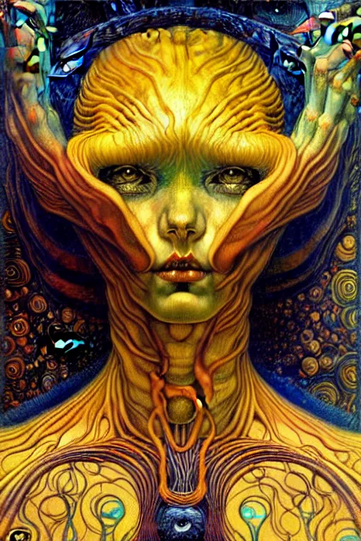 Prompt: Atypical Alien by Karol Bak, Jean Delville, William Blake, Gustav Klimt, and Vincent Van Gogh, visionary