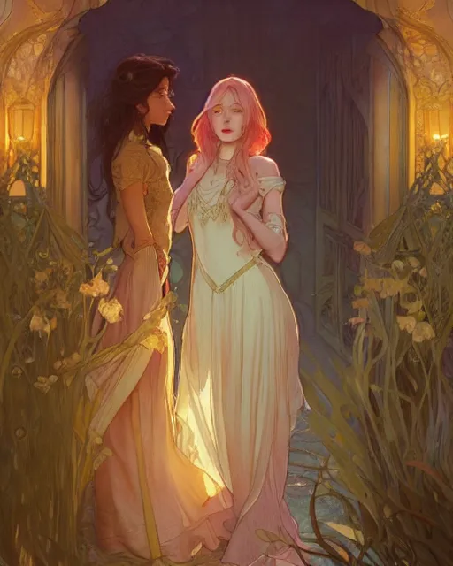 Image similar to secret romance, highly detailed,, gold filigree, romantic storybook fantasy, soft cinematic lighting, award, disney concept art watercolor illustration by mandy jurgens and alphonse mucha and alena aenami, pastel color palette, featured on artstation