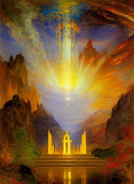 Prompt: a beautiful view of the temple of light, art by thomas moran and frederic edwin church