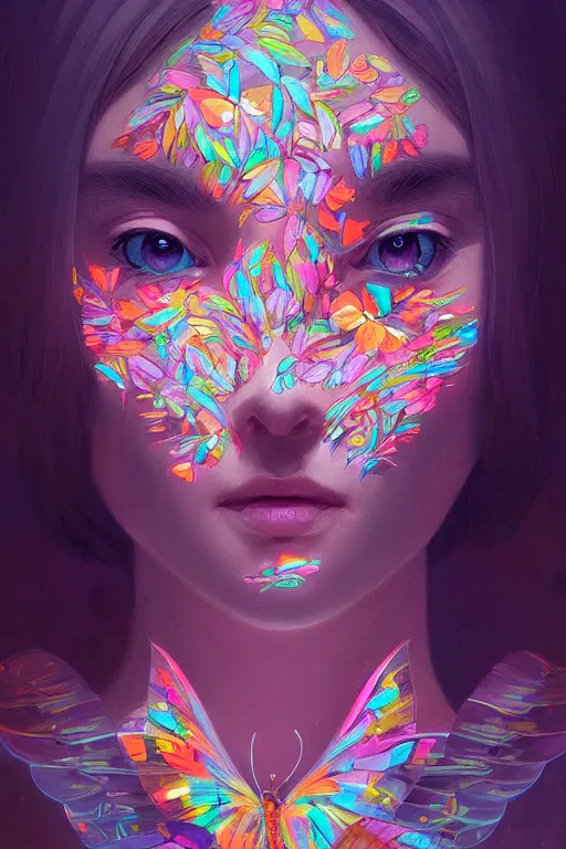 Prompt: portrait of colorful simple butterfly, symmetrical, intricate, elegant, glowing lights, highly detailed, digital painting, artstation, sharp focus, illustration, art by wlop, mars ravelo and greg rutkowski