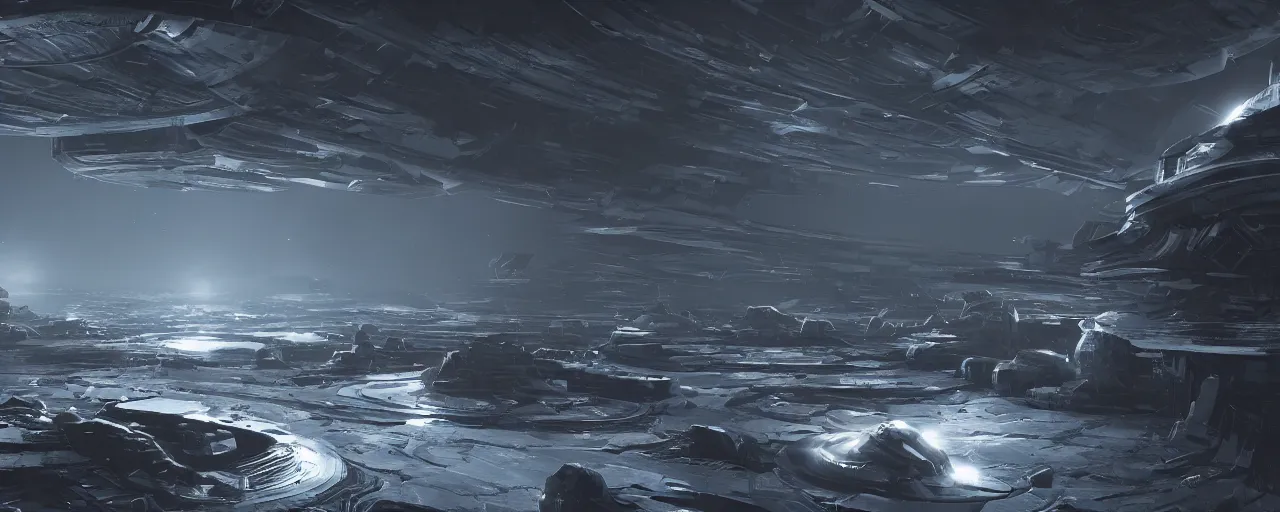 Image similar to dark scifi space panorama, octane render, chiaroscuro