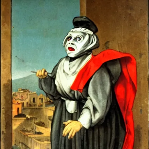 Prompt: Pulcinella with a sinister look on his face in front of Vesuvius