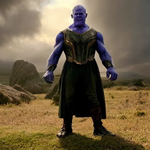 Prompt: Thanos as Frodo Baggins, the shire, short person, the ring, lord of the rings