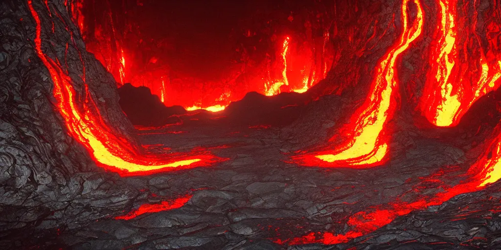 Prompt: underworld caverns, flowing lava and ash piles, art, Artstation