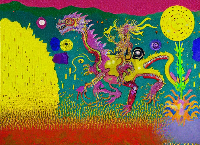 Image similar to pixel decollage painting golden armor alien zombie horseman riding on a crystal bone dragon broken rainbow diamond maggot horse in a blossoming meadow full of colorful mushrooms and golden foil toad blobs in a golden sunset, distant forest horizon, painted by Mark Rothko, Helen Frankenthaler, Danny Fox and Hilma af Klint, pixelated, neo expressionism, semi naive, rich deep colors, cinematic, color field painting, cave painting, voxel, pop art look, outsider art, minimalistic. Bill Traylor painting, part by Philip Guston and Francis Bacon. art by Adrian Ghenie, 8k, extreme detail, intricate detail, masterpiece