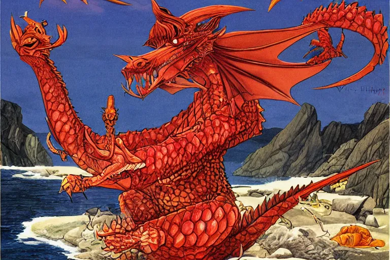 Image similar to red scaled dragon mascot for a fish restaurant by larry elmore and vincent di fate