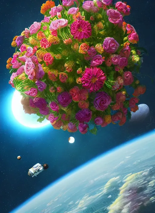 Image similar to An epic fantastic realism comic book style painting of the most beautiful flowers launched into space, bouquets, solar eclipse, fisheye, unreal 5, DAZ, hyperrealistic, octane render, dynamic lighting