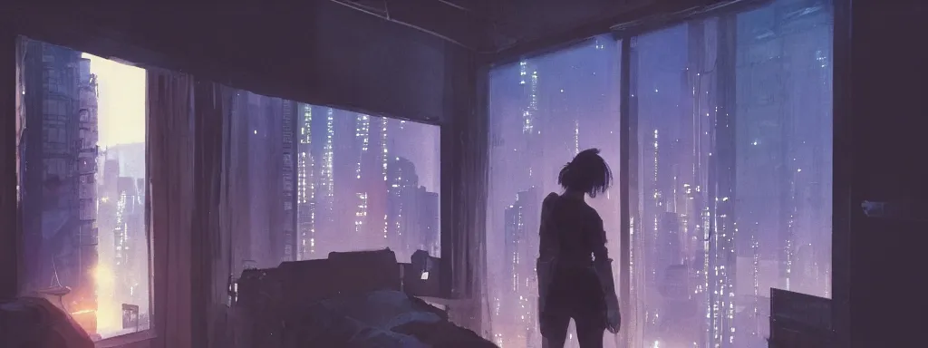 Prompt: single character staring out window to city on bed, very dark room, scifi tech city apartment, cyberpunk, scifi, high tech, dark night lighting, god rays, neon advertisements, rule of thirds, digital art, smooth, vibrant watercolor, wenjun lin, pixiv, artgerm, greg rutkowski, yuumei, wide shot, film grain