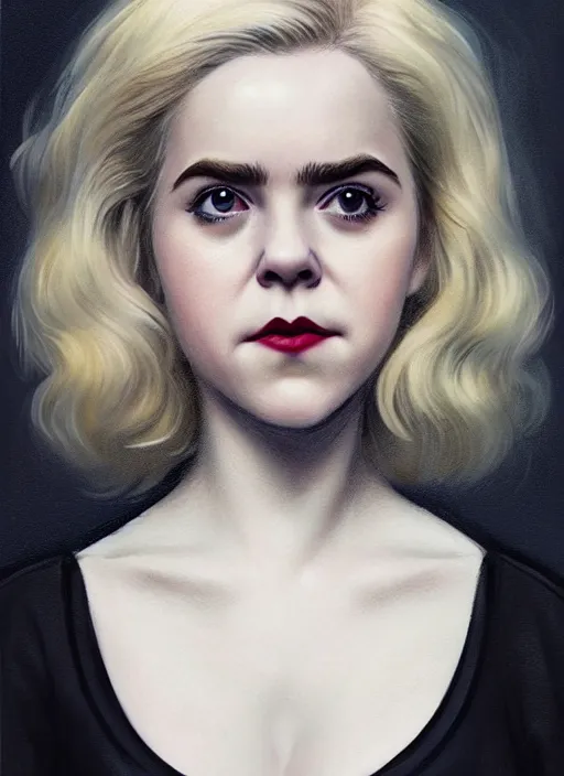 Image similar to full body portrait, kiernan shipka as sabrina spellman, white hair, obese, bangs, sultry, realistic, sultry smirk, fluffy bangs, curly bangs, fat, belly, intricate, elegant, highly detailed, digital painting, artstation, concept art, smooth, sharp focus, illustration, art by wlop, mars ravelo and greg rutkowski