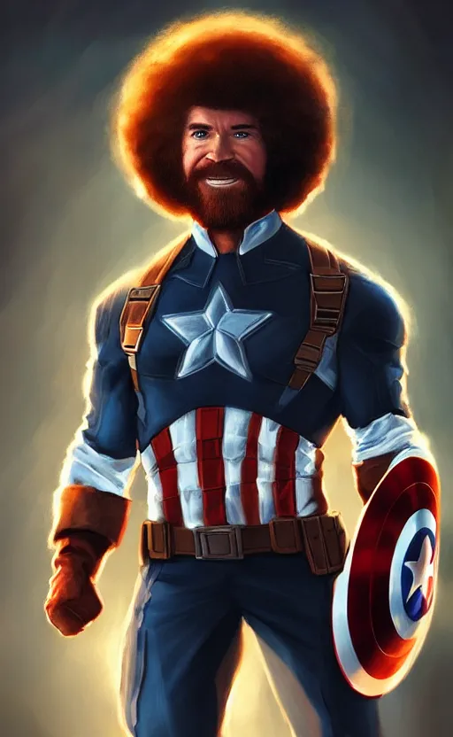 Image similar to bob ross as captain america, dynamic lighting, cinematic, ultra detailed, trending on art station, stunning visuals, creative, fantasy concept art