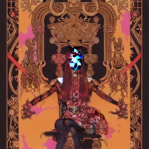 Prompt: jisoo + blackpink + elements + red + gold + neon + baroque + rococo + white + orange + ink + tarot card, ornate + by marc simonetti, paul pope, peter mohrbacher, detailed, intricate ink illustration + damask + award winning + 8 k