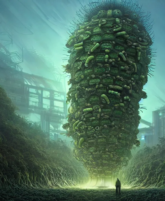 Prompt: a giant weird industrial plant hive made out of isopod cucumber octopus, in the style of a strange massive exotic spaceship, overgrown with disturbing orchids, godbeams, partly cloudy, somber, dramatic lighting, by dan mumford, yusuke murata, makoto shinkai, ross tran, cinematic, unreal engine, cel shaded, featured on artstation, pixiv