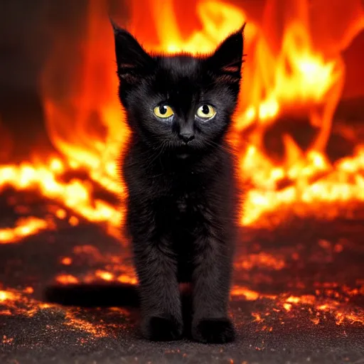 Prompt: extreme long shot of a cute black kitten engulfed in fire, burning, standing in fire, at night, award winning photo, high detail, atmospheric, big eyes 8k