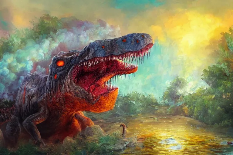 Image similar to highly detailed oil painting of a! tyrannosaurus ( ( mushroom ) ) in a steaming colorful hotspring, featured on artstation