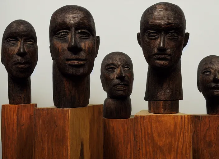 Image similar to realistic photo portrait of the a sculpture of a group portrait of heads with long beaks made of wood, eyes made of caviar poorly designed in style of arte povera, fluxus, dadaism, joseph beuys, ugly made, low quality standing in the wooden polished and fancy expensive wooden museum interior room 1 9 9 0, life magazine reportage photo